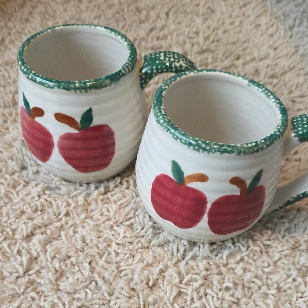 Ceramic Folkart Mugs with Red Apple Motif - Set of 2